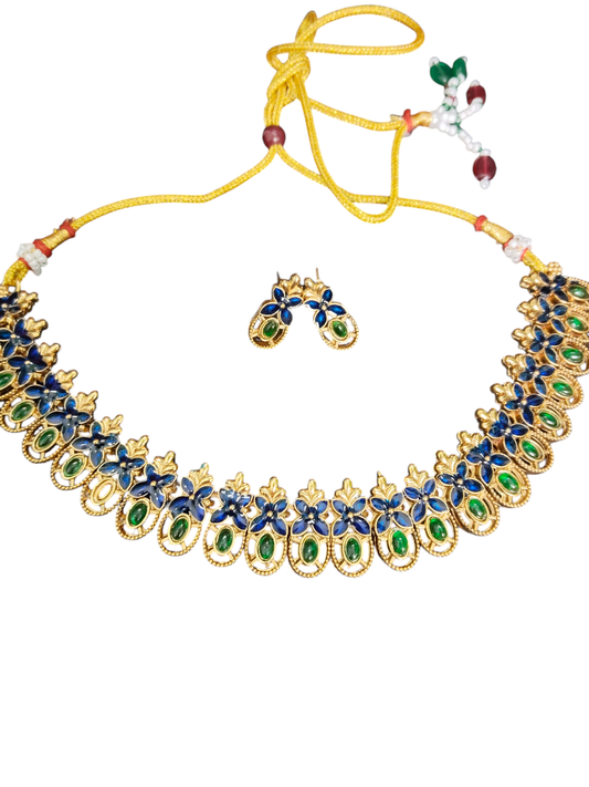 Blue Enamel Oval Shaped Mat finish Stoned Antique and Traditional Necklace Set