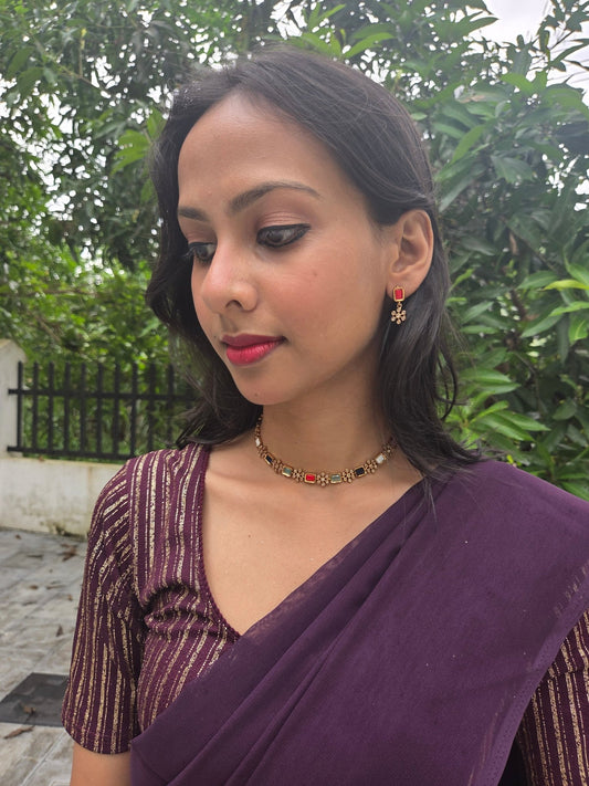 Rasavarnika Premium Quality Antique Gold Plated Stylish and Trendy Navaratna Necklace Set with AD Stones