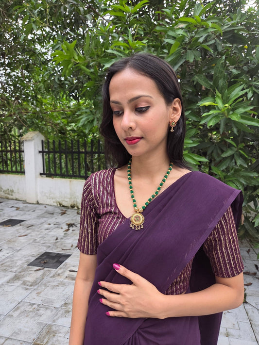 Girikanya Premium Quality Antique Shade Gold Plated Stylish and Trendy Light Weight Mid Length Beaded Chain in Green Color