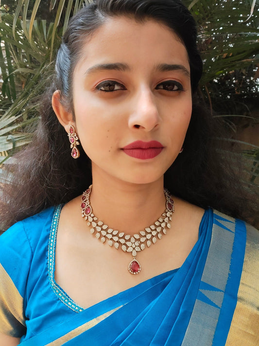 Crimson Cascade Premium Party wear AD Stoned Necklace Set