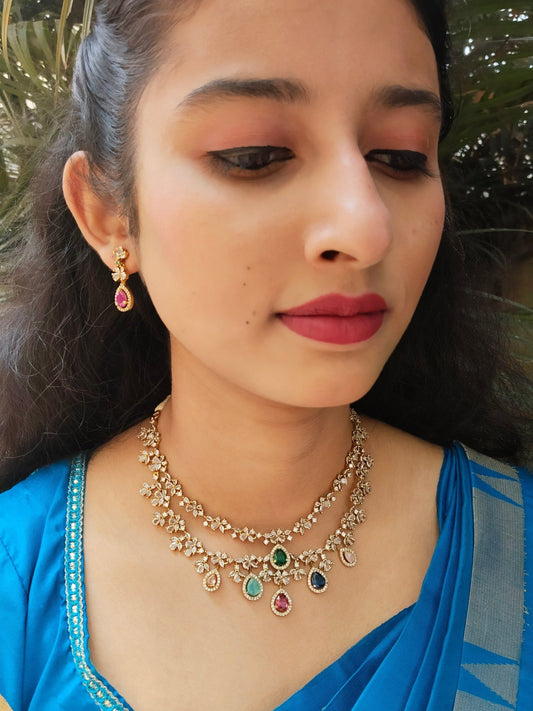 Rainbow Bloom Premium Layered Party wear short Necklace Set