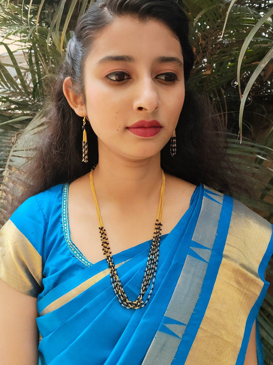 Kajalrekha Premium Quality Trending 5 Layered Mid Length Black Cristal Beaded Chain with Earring