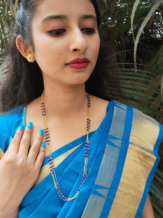 Sapphira Premium Quality Trending 3 Layered Mid Length Cristal Beaded Blue Color Chain