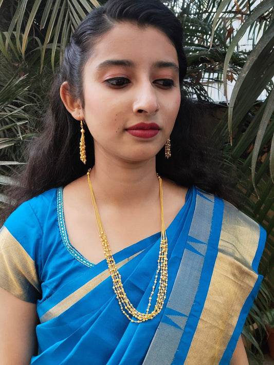 Divyasringa Premium Quality Trending 5 Layered Mid Length Golden Beaded Chain with Earring
