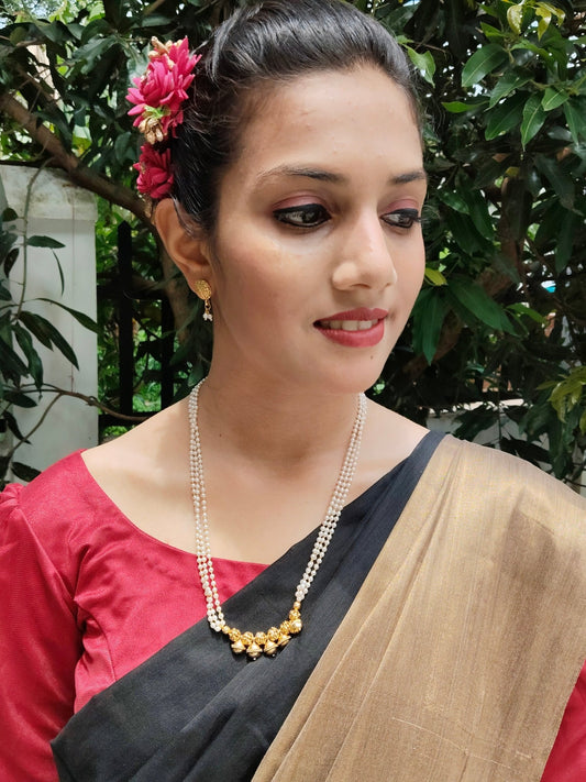 Nrityamala Premium Quality 3 Layered Trending Simple and Elegant Pearl Mid Length chain with Earring Set