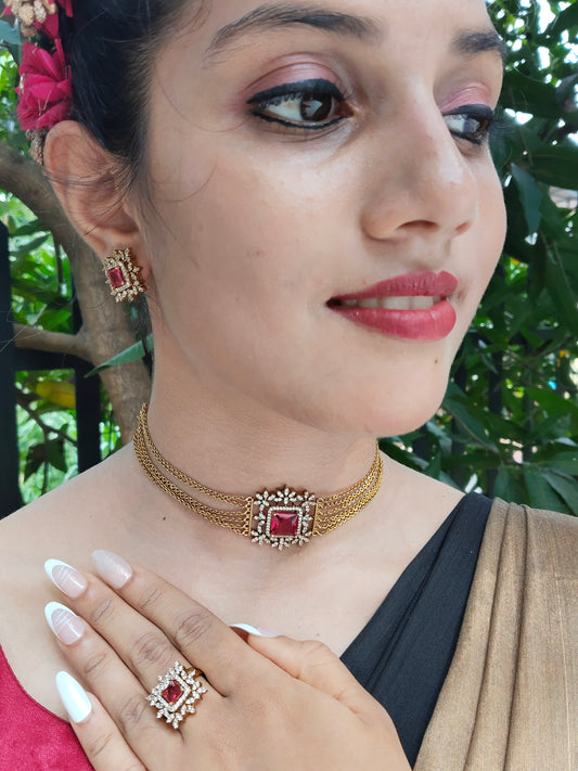 Rudhirika Set Of Choker with Matching Ring and Earrings in Antique Gold