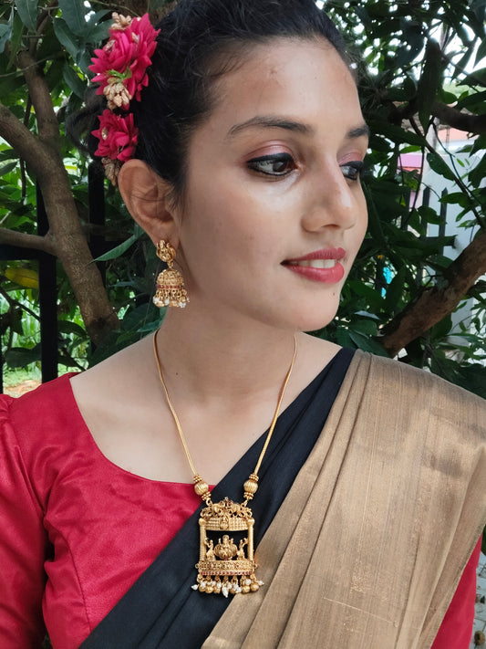 Mandirangana Beautiful Traditional Midlength Antique Chain with Temple and Lakshmi Pendant