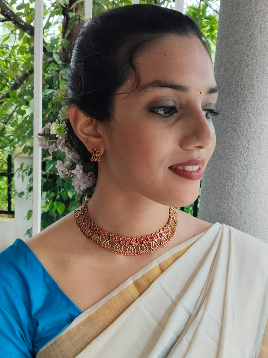 Charulata Beautiful and Elegant Traditional Red Color Necklace Set for Onam