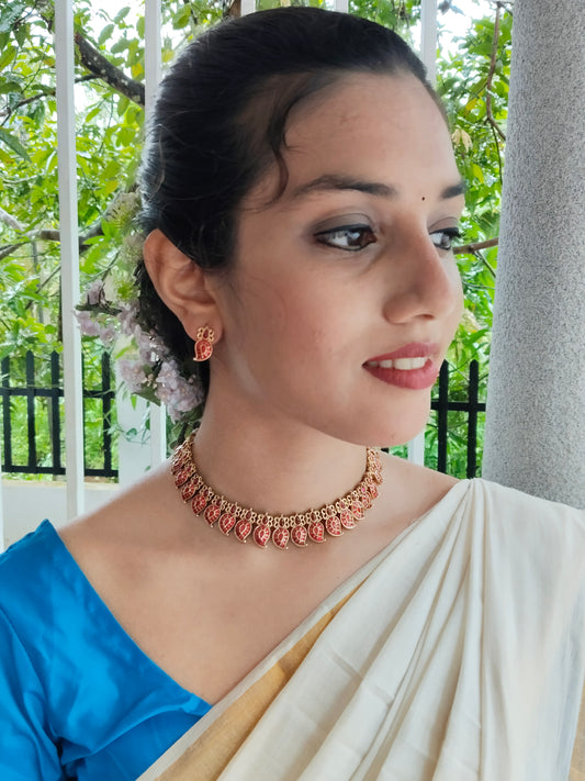 MayukhaRaaga Evergreen Trending Mango Design Necklace Set in Red Color