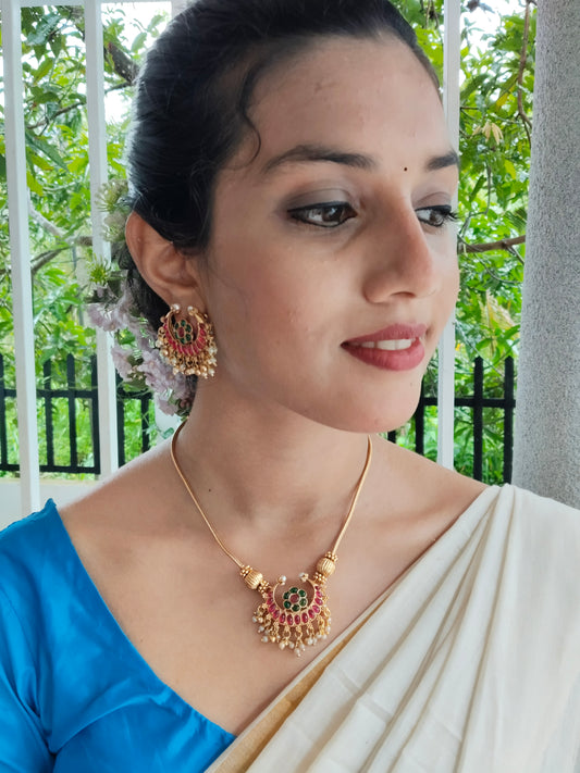 Tarangita Beautiful and Simple Traditional Mid Length Necklace Set with Statement Earring
