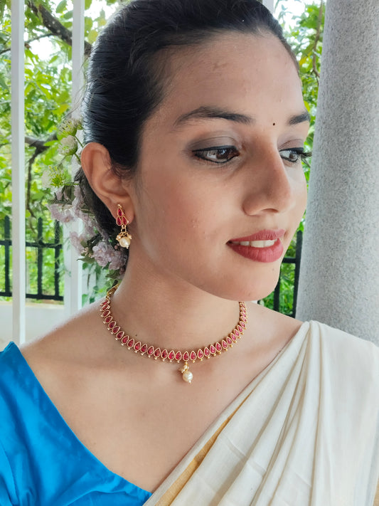 Muktanjali Simple and Elegant Traditional Necklace Set with Pearl Pendant