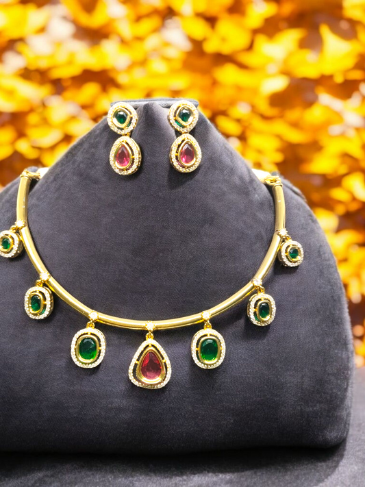 Haritha Pushkara Premium Quality Part Wear Emerald and Ruby AD Stoned Necklace Set