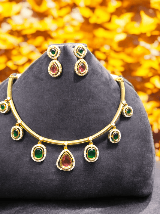 Haritha Pushkara Premium Quality Part Wear Emerald and Ruby AD Stoned Necklace Set