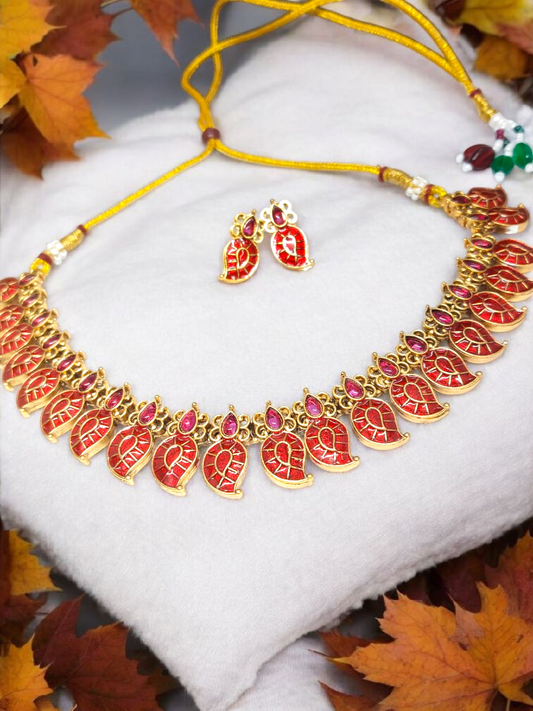 MayukhaRaaga Evergreen Trending Mango Design Necklace Set in Red Color