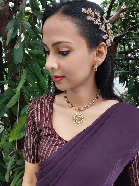 Devi Rohini Premium Quality Antique Shade 22k Gold Plated Stylish and Trendy AD Stoned Traditional Necklace Set