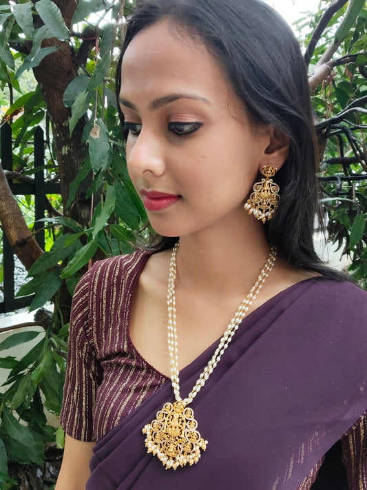 Vaidehi Alankaram Premium Quality 22k Gold Plated Stylish and Trendy Mid length Rice Pearl Beaded Traditional Chain Set