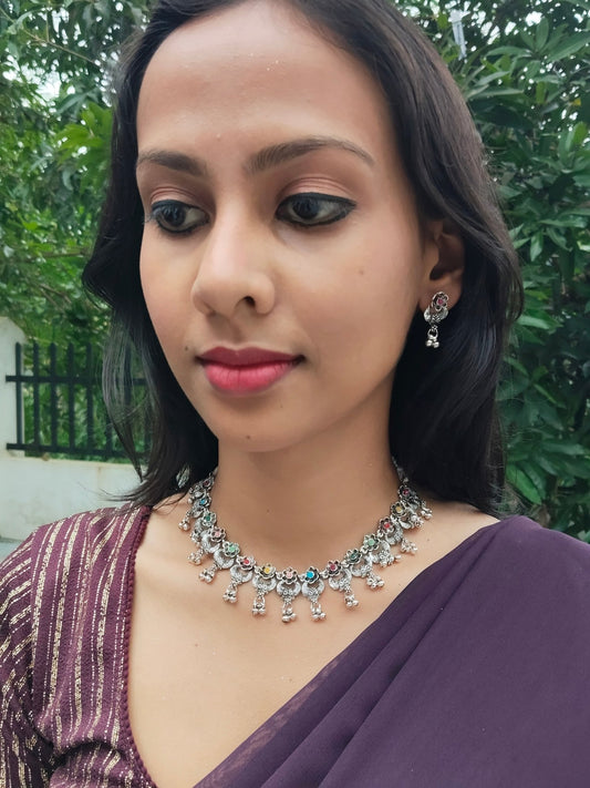 Rangpushpi Budget Friendly Multi Color Stoned Cute and Elegant Oxidised Necklace Set