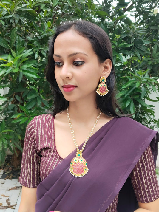 Pankajamala 22k Gold Plated Mat Finish Elegant and Beautiful Mid Length Pearl Haram/Chain with Earring Set