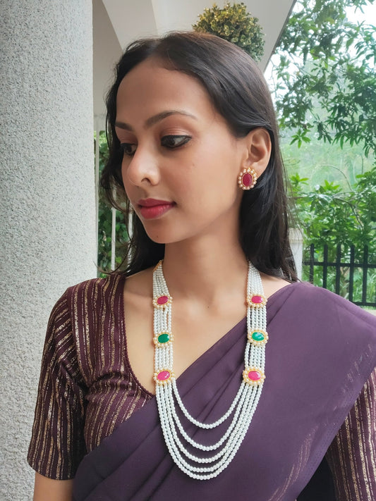 Pearlesha Premium Quality 5 Layered White Pearl Long Haram with Red and Green Stones