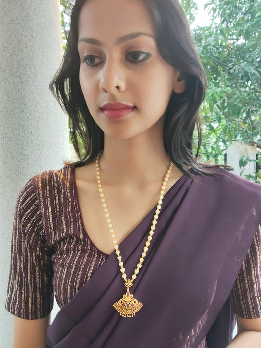 Triveni Kanti Premium Quality Antique Shade 22k Gold Plated Stylish and Trendy Mid length Pearl Chain in 2 variant