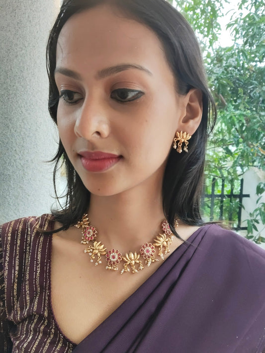 Kamalini Premium Quality Antique Gold Traditional Lotus and Floral Designed Choker Set