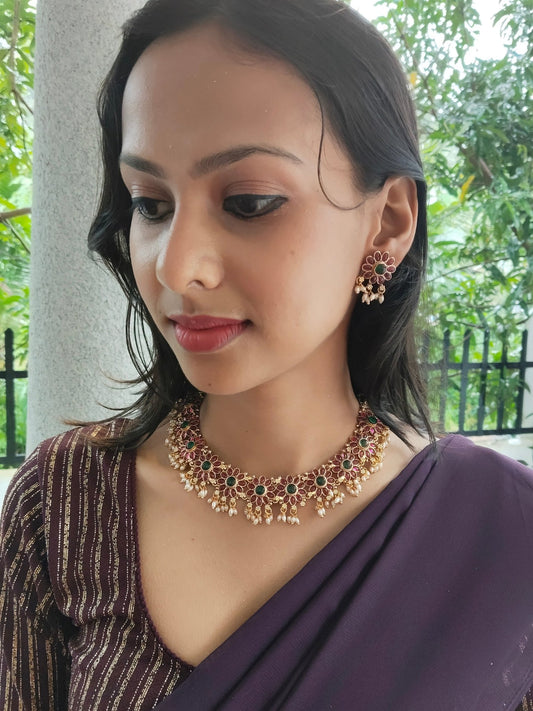 Rasamanjari Antique Gold Finished Traditional Multi Colored Floral Necklace Set