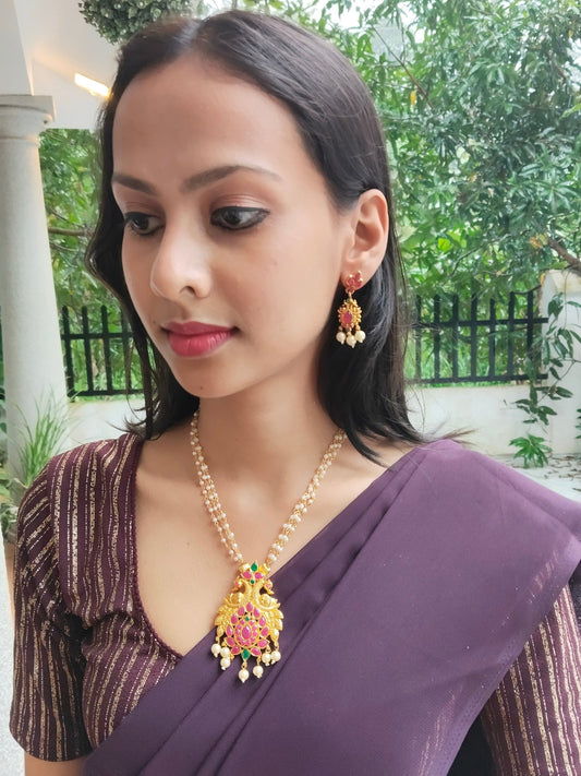 Hemamayuri Premium Quality 22k Gold Plated Budget Friendly Mat Finish Elegant and Beautiful Mid Length Pearl Haram/Chain with Earring Set