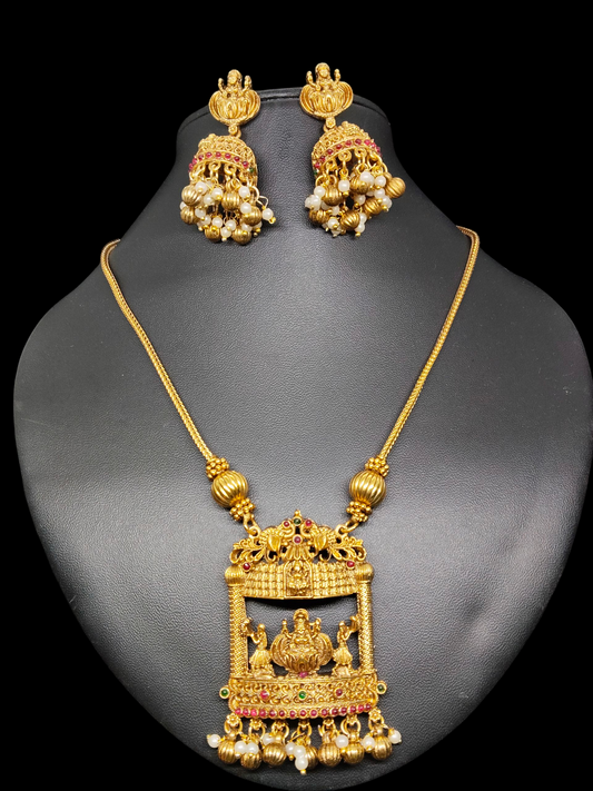 Mandirangana Beautiful Traditional Midlength Antique Chain with Temple and Lakshmi Pendant