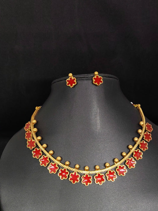 Sugandhika Antique Finish Red Color Traditional or Festive Elegant Necklace Set