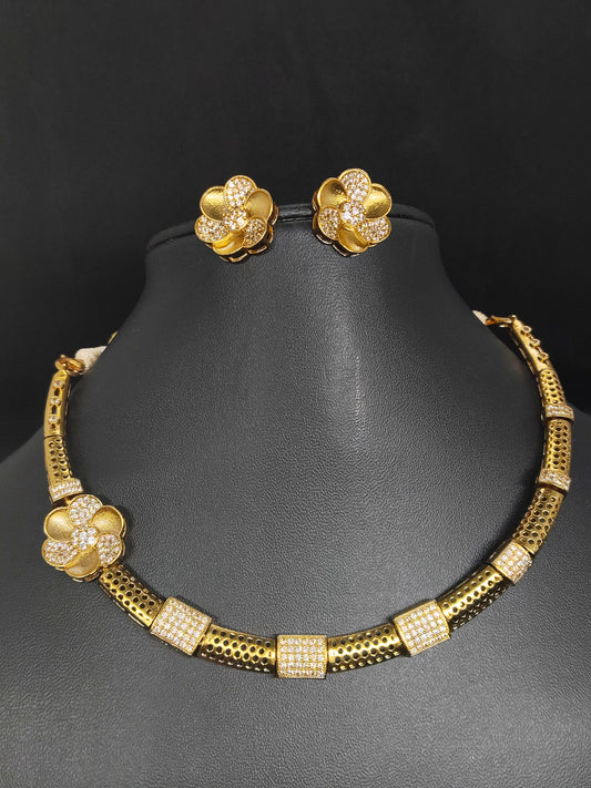 Kanakavalli Premium Quality Antique Gold Stylish and Trendy Floral Designed AD Stone Necklace Set in 2 different Colors