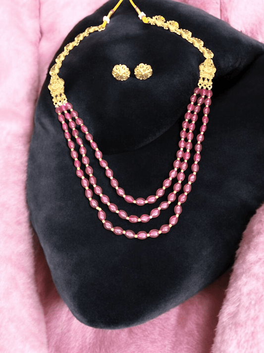 Raktabindika Premium Quality 3 Layered Mid length Traditional Beautiful Beaded Necklace Set