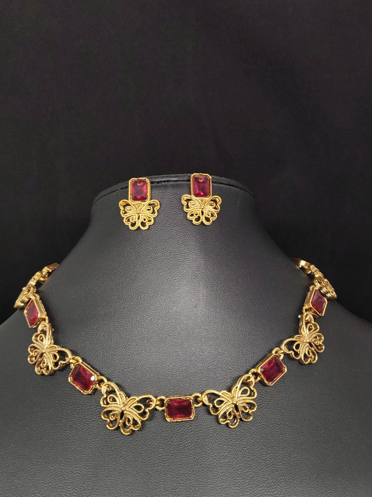 Pakshika Premium Quality Antique Gold Mat Finished Stylish Butterfly Designed Trendy Necklace Set