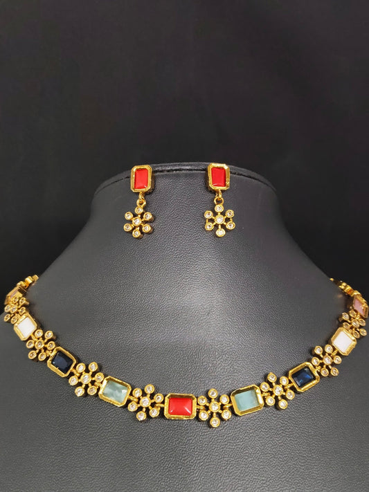 Rasavarnika Premium Quality Antique Gold Plated Stylish and Trendy Navaratna Necklace Set with AD Stones