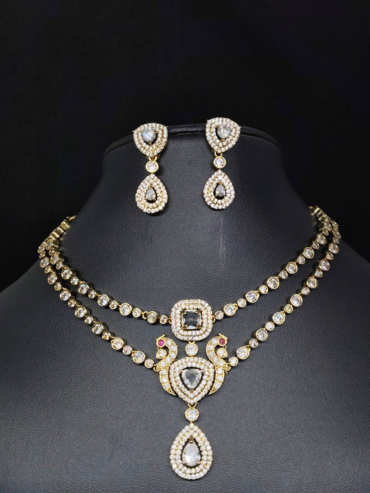 Jalratnini Premium Quality Victorian Collection Antique Two Layered Peacock Designed AD Stoned Necklace Set