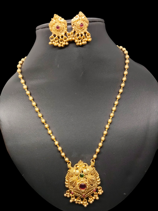 Amrutha Kalasha Premium Quality Antique Shade 22k Gold Plated Stylish and Trendy Mid length Gold Bead Chain in 2 variant
