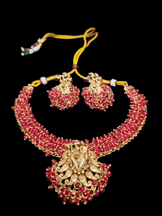 Radhika Raga Premium Quality Antique Shade 22k Gold Plated Stylish and Trendy Traditional Radha Krishna Necklace Set Beaded