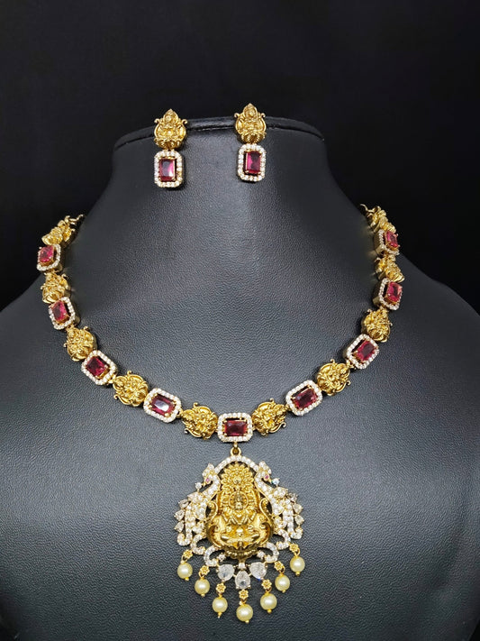 Devi Rohini Premium Quality Antique Shade 22k Gold Plated Stylish and Trendy AD Stoned Traditional Necklace Set