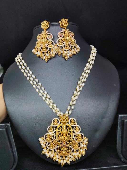 Vaidehi Alankaram Premium Quality 22k Gold Plated Stylish and Trendy Mid length Rice Pearl Beaded Traditional Chain Set