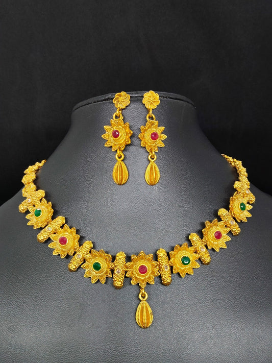 Surabhi Mala Premium Quality Antique Shade 22k Gold Plated Stylish and Trendy Necklace Set in Multi Color