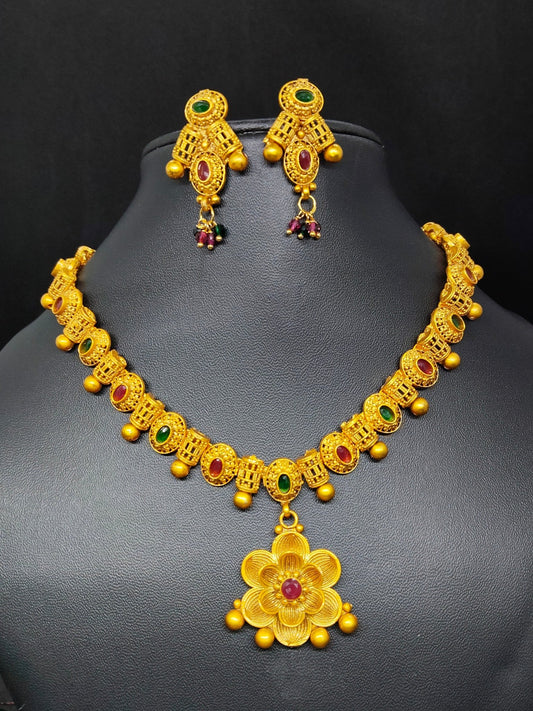 Rajnigandha Rekha Premium Quality Antique Shade 22k Gold Plated Mat Finish Stylish and Trendy Necklace Set