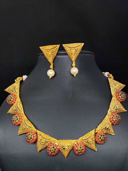 Patrika Haar Premium Quality Antique Shade 22k Gold Plated Mat Finish Stylish and Trendy Multi Color Necklace Set