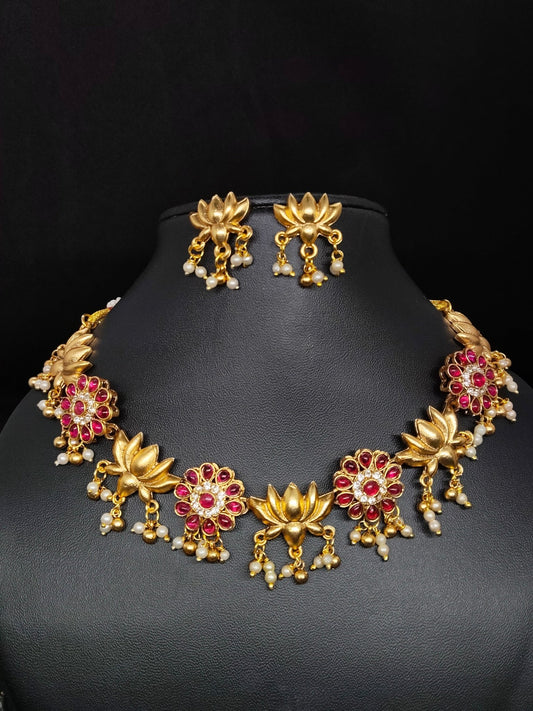 Kamalini Premium Quality Antique Gold Traditional Lotus and Floral Designed Choker Set