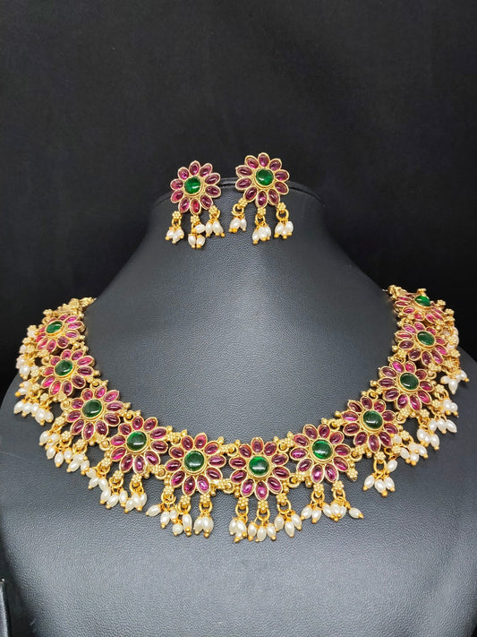 Rasamanjari Antique Gold Finished Traditional Multi Colored Floral Necklace Set