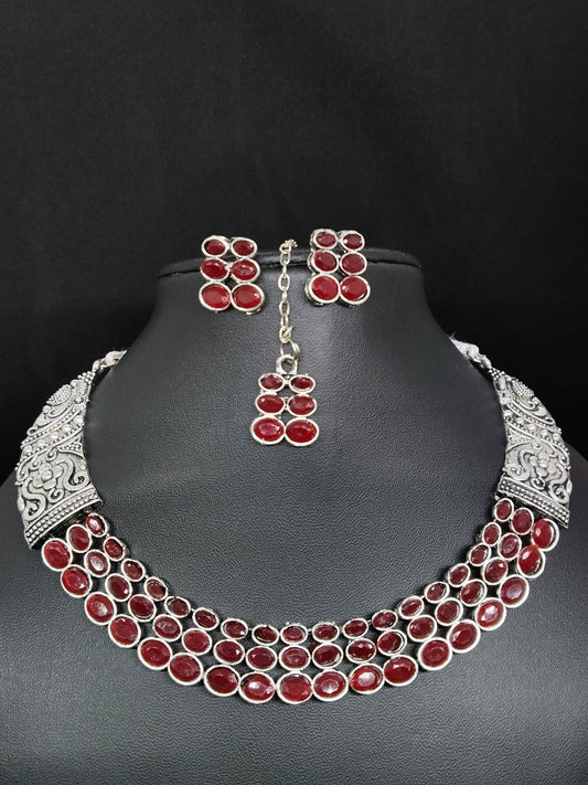 Rudhira Tara Budget Friendly Stoned Cute and Elegant Oxidised Necklace Set Available in 2 Different Colors