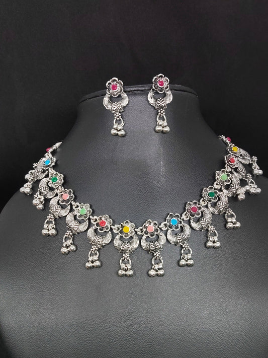 Rangpushpi Budget Friendly Multi Color Stoned Cute and Elegant Oxidised Necklace Set