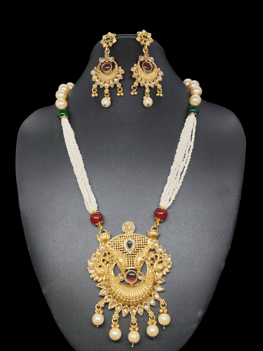 Trishaktika Premium Quality Antique Gold Mat Finish Elegant and Beautiful Mid Length Pearl Haram/Chain with Earring Set