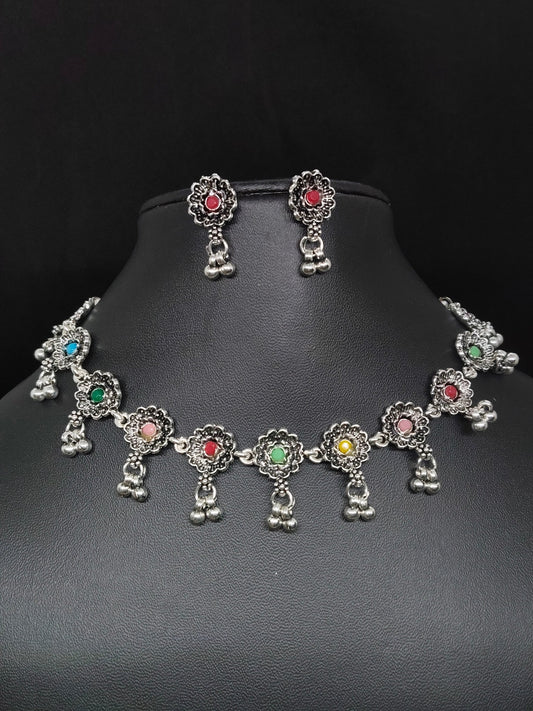 Chitralekha Budget Friendly Multi Color Stoned Cute and Elegant Oxidised Necklace Set