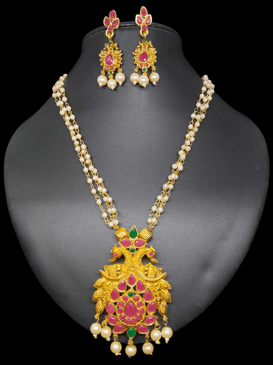 Hemamayuri Premium Quality 22k Gold Plated Budget Friendly Mat Finish Elegant and Beautiful Mid Length Pearl Haram/Chain with Earring Set