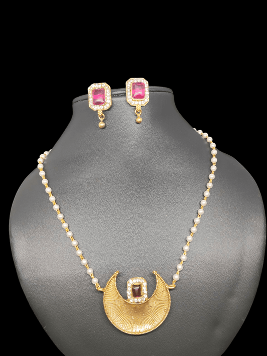 Arunachandra Antique Gold Finished Budget Friendly Mid Length Simple and Elegant Pearl Haram/Chain with Earring