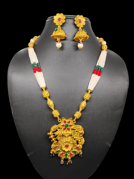 Kanakabhoomi Premium Quality Antique Gold Mat Finish Elegant and Beautiful Mid Length Pearl Haram/Chain with Earring Set